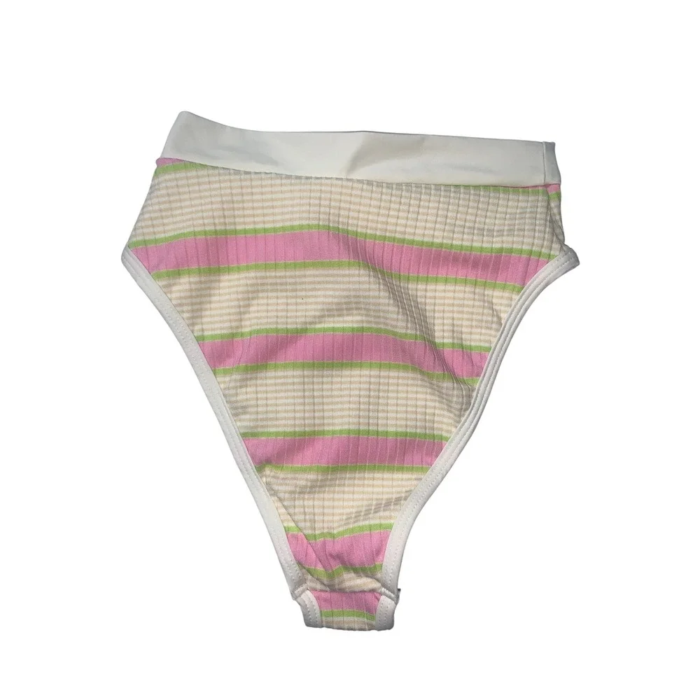 L Space Bitsy Cut High Waist Ribbed Bikini Bottom S Pink‎ Green Striped Swim